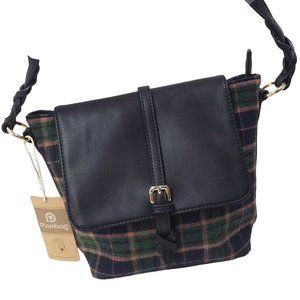 New (NWT) Plambag Crossbody Shoulder Bag Purse Navy Leather Plaid Tartan Fabric